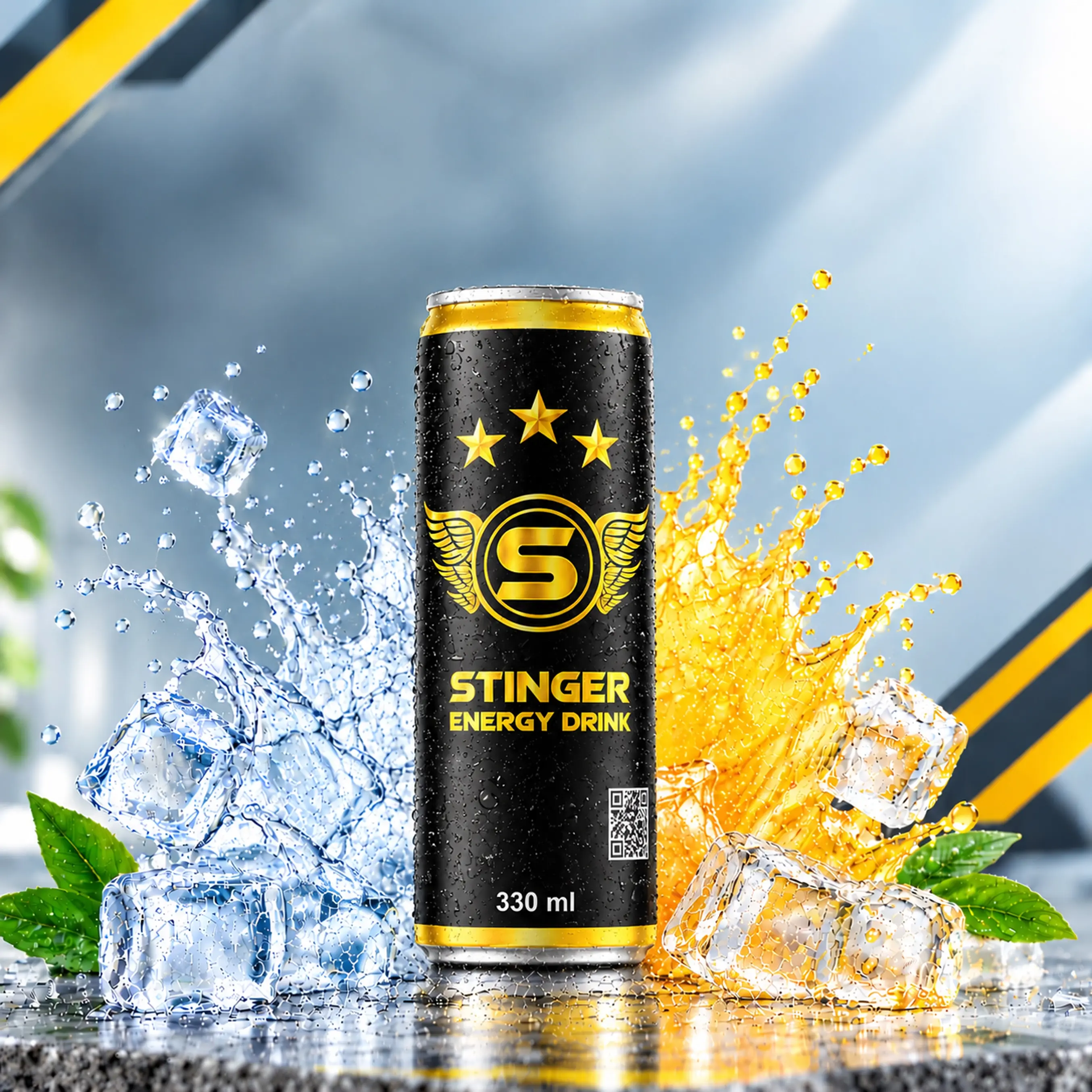 STINGER Energy Drink 330 ml black and gold can surrounded by ice cubes and blue-gold liquid splashes.